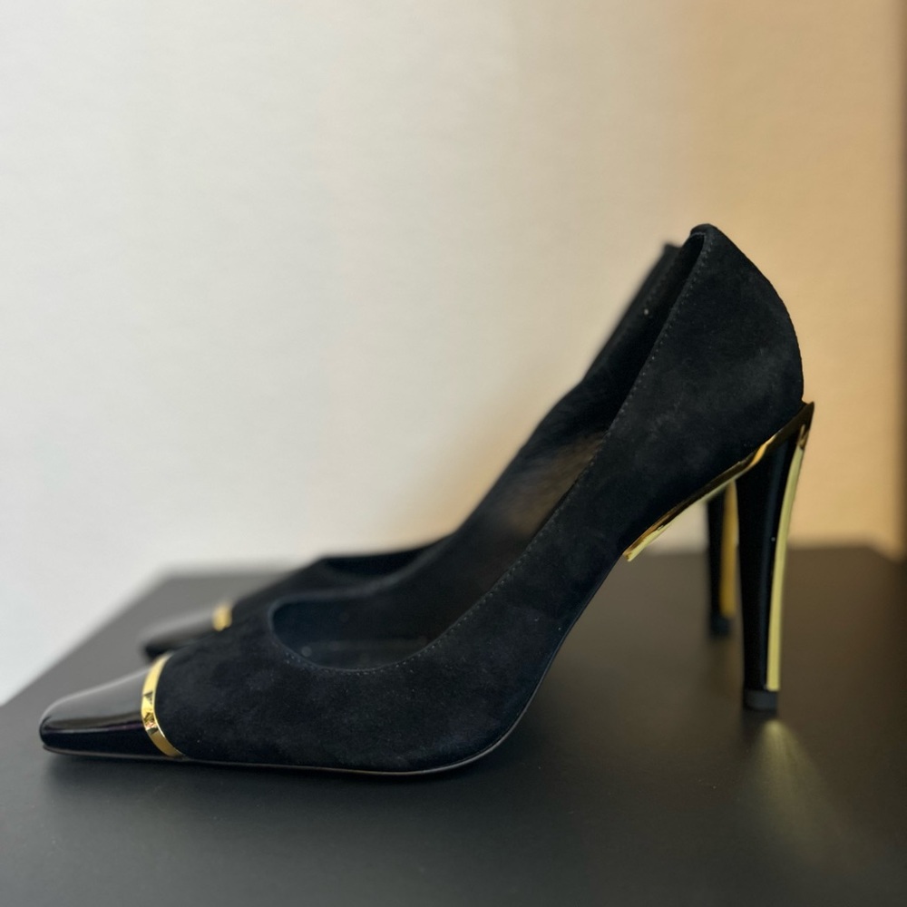 Jeffrey Campbell Conspiracy Cap Toe Pump Metallic Gold Black Suede Size 7.5 - Picture 4 of 10